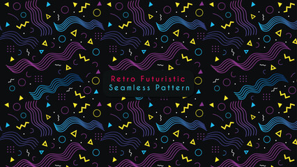 Retro Futuristic Memphis Seamless Pattern – Vibrant Abstract Vector Background with Wavy Lines and Geometric Shapes
