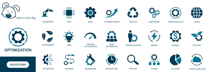 Optimization icon. Containing team optimization, automation, efficiency, operation cycle, process acceleration.