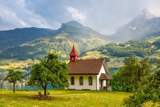 Betlis chapel with Muertschenstock mountain peak in the background near Walensee, Switzerland