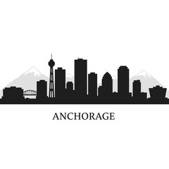 Fototapeta premium Anchorage Alaska Skyline Silhouette with Mountains.