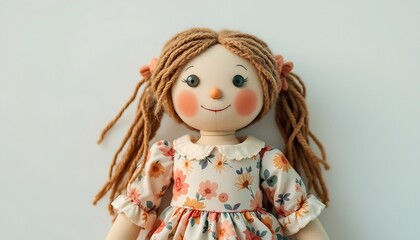 Smiling Rag Doll with Floral Dress and Braided Hair Close-up