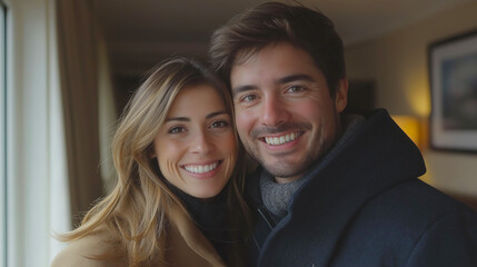 Happy Smiling Couple Portrait Indoor Romantic Love Relationship Attractive Young Adults Boyfriend Girlfriend Togetherness Intimate