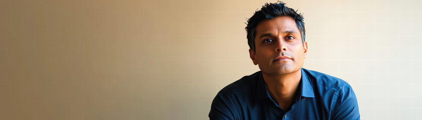 Obraz premium Portrait of a Thoughtful Man: A contemplative man with dark hair and a serious expression gazes thoughtfully into the distance. His attire is simple yet refined.