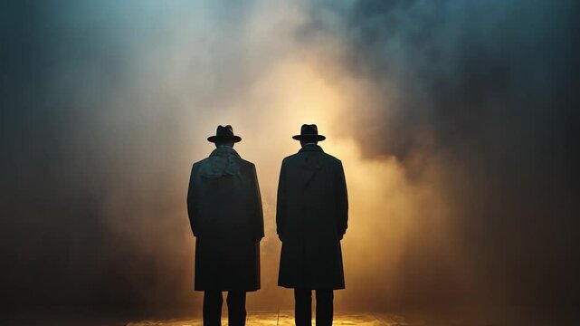 Mysterious Silhouette in Smog: Two figures shrouded in shadows stand in the depths of a dense atmosphere, the hazy atmosphere amplifying their mystery.