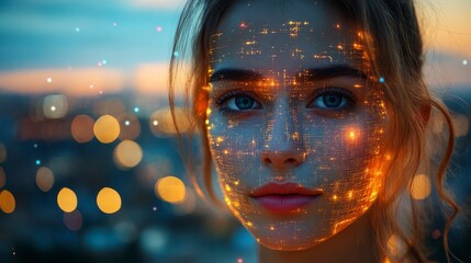 Futuristic woman with glowing digital data patterns, city bokeh background