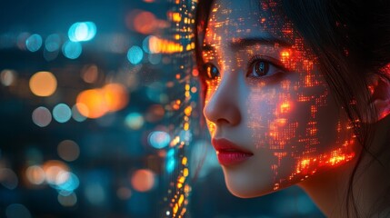 Glowing woman with digital overlay against cityscape