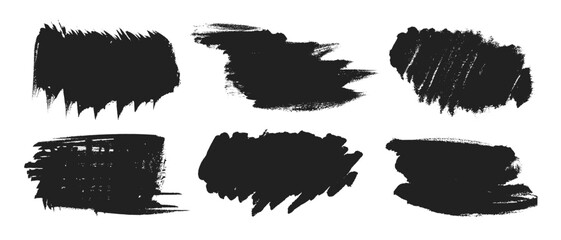 Grunge brush strokes black paint smear texture stain vector illustration set. Dry dirty calligraphy brush splashes high detail texture abstract shapes element splatters.