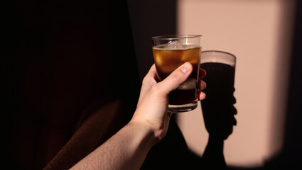 Refreshing drink in a glass with ice held up in a hand and a cast shadow behind, the dark liquid is illuminated in high contrast.