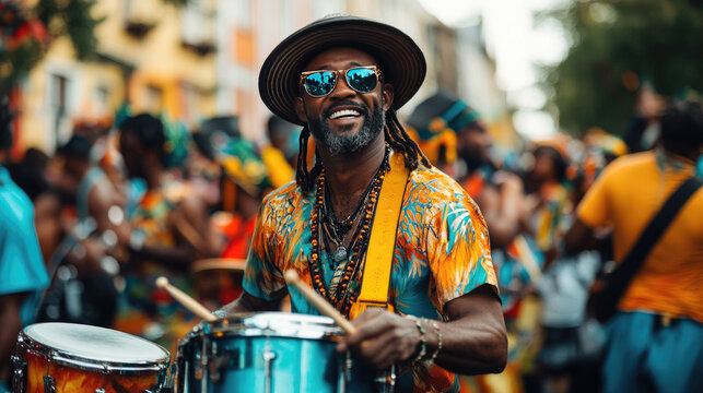 Steel drum band of joyful Black musicians performing at the Notting Hill Carnival, dressed in vibrant costumes as an energetic crowd dances to the rhythm, celebrating Caribbean culture and joy