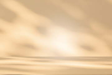 Wall interior background, studio and backdrops show products. with leaf shadow from window color beige and white. background for text insertion and presentation of product	
