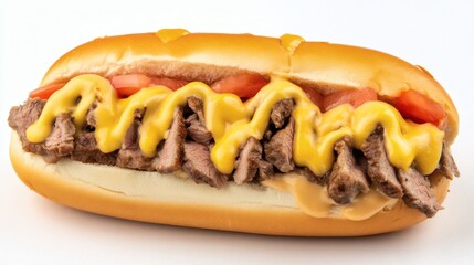 A loaded beef and cheese sub sandwich with melted cheese sauce.