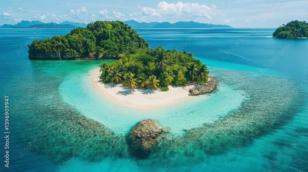 Aufkleber a tropical island with soft sandy beaches and swaying palms invites visitors to explore its tranquil
