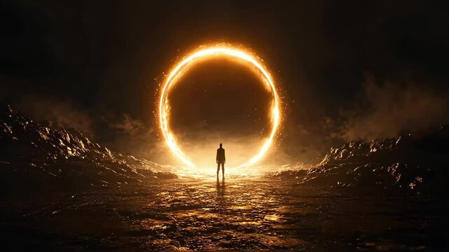 Mysterious portal appearance in dramatic landscape at dusk captivates observer in awe