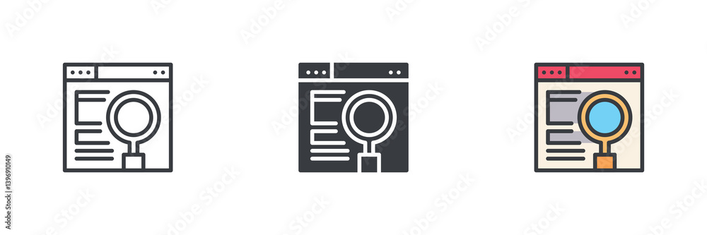 Poster web browser window with a magnifying glass different style icon set