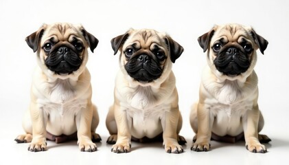 Fototapeta premium Single pug poses, isolated on pure white backdrop Close-up shot, studio, nose, pet