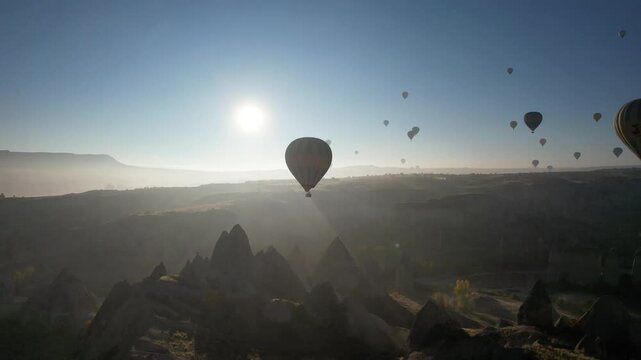 Hot Air Balloons in the Sunrise Drone Video, Cappadocia (Kapadokya) Goreme Nevsehir, Turkey (Turkiye)