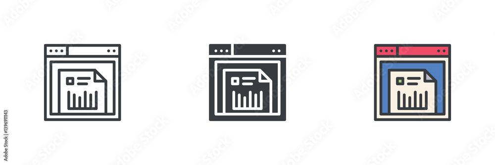 Fototapete web browser window displaying a document with a bar chart different style icon set