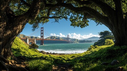 Golden Gate Bridge framed by a large tree. Lush greenery surrounds the base of the tree, leading to the waterfront, with the bridge in the background