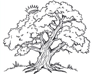 Majestic oak tree, sunlit field, nature illustration, book cover