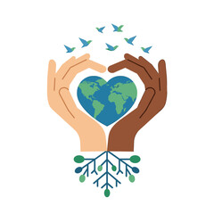 Harmony and Hope: A vibrant illustration celebrating global unity, diversity, and environmental consciousness, with hands forming a heart around the Earth and birds soaring above. 