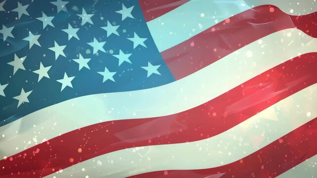a close-up of the American flag with its stars and stripes waving gently, overlaid with a subtle sparkling effect.