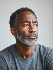 Contemplative Serenity: A mature man, his gaze fixed in contemplation, reflects on life's experiences and complexities, exuding an aura of quiet resolve and seasoned wisdom.