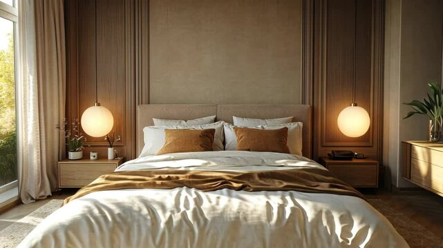 Modern bedroom design featuring natural light and elegant decor in a serene setting
