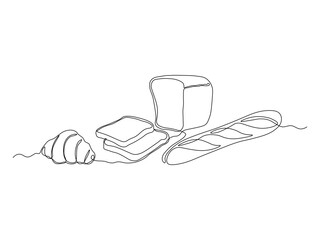 Abstract set of different bread,loaf of bread, baguette,loaf, croissant , continuous single one line art hand drawing sketch logo