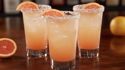 Refreshing Grapefruit Cocktail Served in Glasses with Citrus Garnish and Salted Rim on a Bar Counter