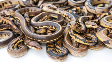 Many Brown And Black Ball Pythons Overlaid On White Background
