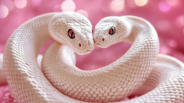 Two-headed white snake gracefully intertwined on a sparkling pink surface