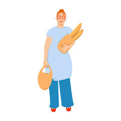 A happy young woman holding bread and bag. Positive, cute character. Vector illustration. Flat style.