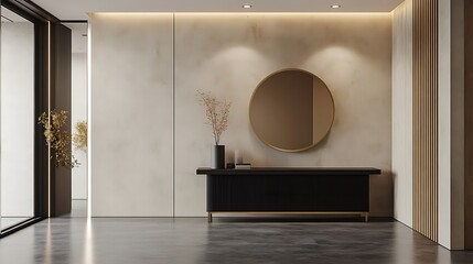 Luxury apartment interior design features a comfortable living room with new wood furniture and ample light from a large window