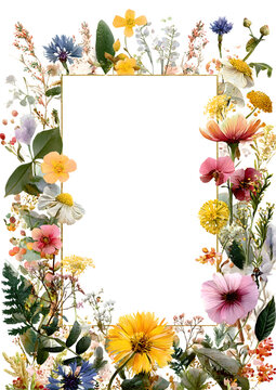 Floral rectangle frame made of watercolor hand-painted wildflowers, plants, and herbs. Botanical border with pretty flowers. PNG clipart.