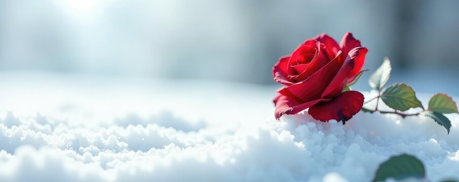 Single rose in stark contrast against snowy plain, roses,