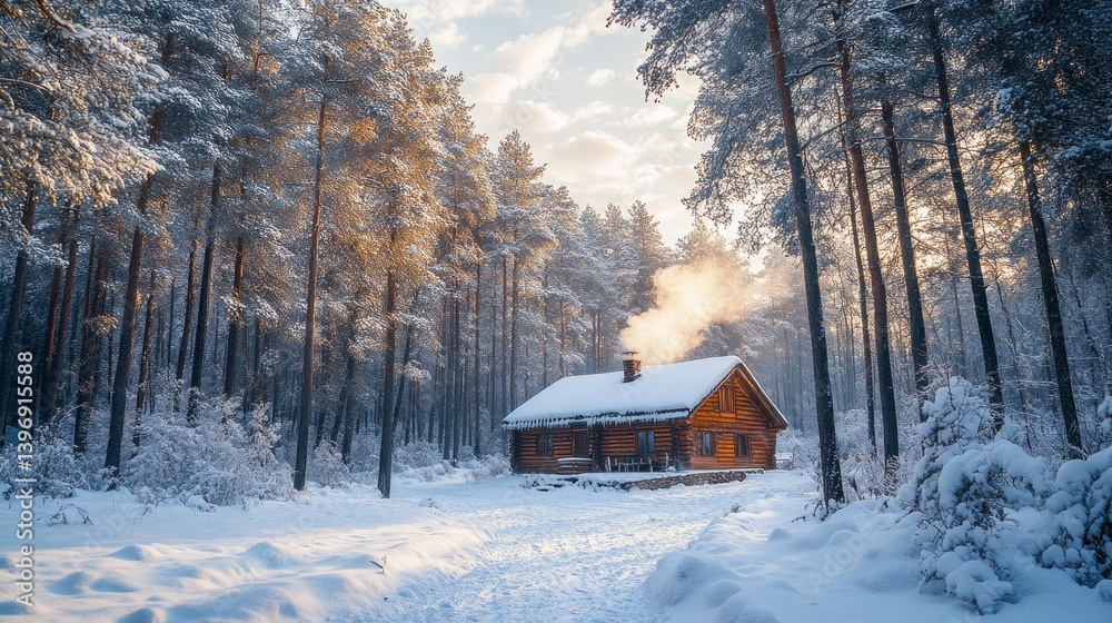 Poster embracing the tranquility of winter, a rustic wooden cabin stands amidst a blanket of snow in a tran