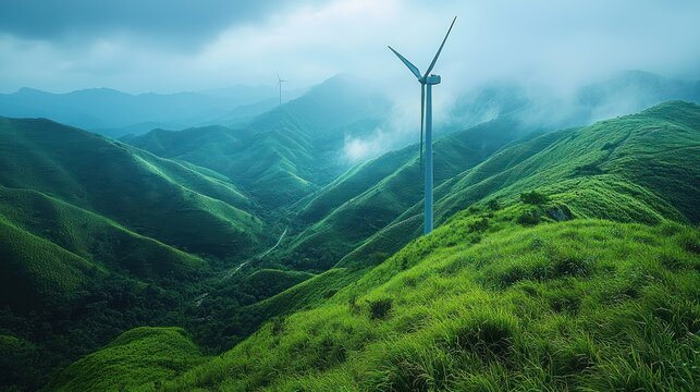 Lush green hills with a wind turbine