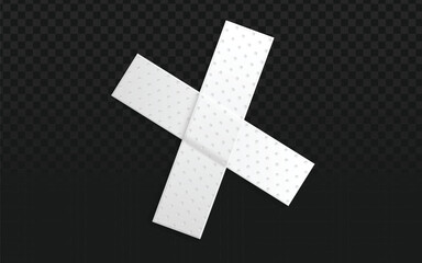 Obraz premium Two strips of white transparent medical adhesive tape crossed in an 'X' shape on a transparent dark checkered background. Represents wound closure or medical supplies.
