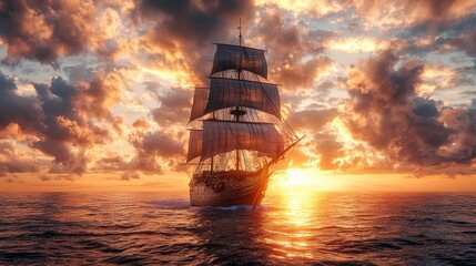 Sailing ship at sunset