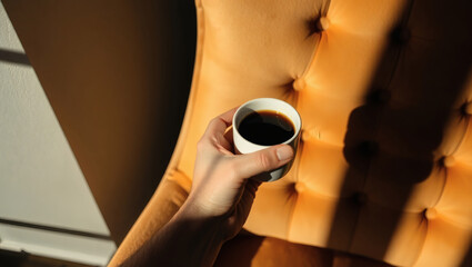 Coffee in hand, a moment of warmth amidst shadows. The light paints a scene of simple elegance and quiet enjoyment.