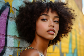 Fototapeta premium Young woman with curly hair poses against vibrant street mural in urban setting during daylight