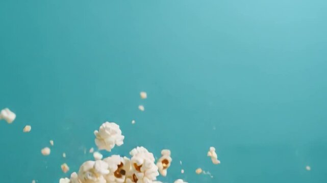 Popcorn Explosion on Teal: Delightful explosion of fresh, fluffy popcorn kernels suspended in mid-air against a vibrant teal background, celebrating snack, snacktime, fun!