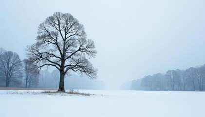 Single towering tree in a vast snowy environment, forest, bare, snow