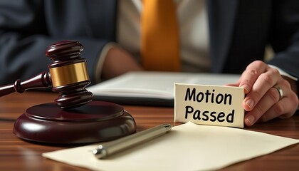 A judge's gavel and a note indicating a motion passed during a court session, symbolizing legal decisions.