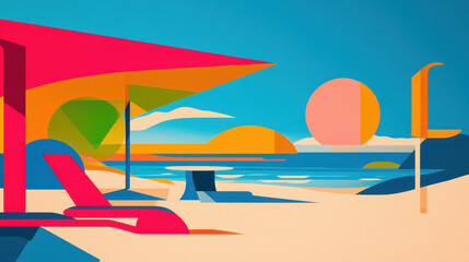 Vibrant Geometric Beach Landscape Illustration with Sun, Chairs, Umbrella and Colorful Elements Offe Ample Copy Space for Creative Use and Design
