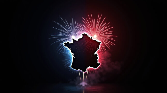 A vibrant firework display illuminating the silhouette of France celebrating Bastille Day with dazzling red white and blue bursts against a dark night sky The spectacle is captured with