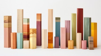 Bar graph constructed from colorful wooden cubes lined up in increasing height