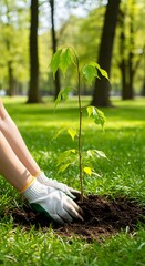 A person wearing gardening gloves is planting a young tree in a sunlit park, symbolizing care for nature and environmental conservation.
