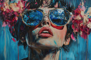 Colorful portrait of a woman in shades surrounded by abstract floral elements and vibrant patterns
