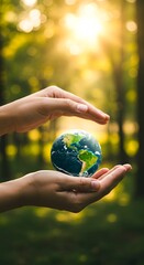 A pair of hands gently holds a small globe in a forest during golden hour, symbolizing care for the Earth and environmental responsibility.